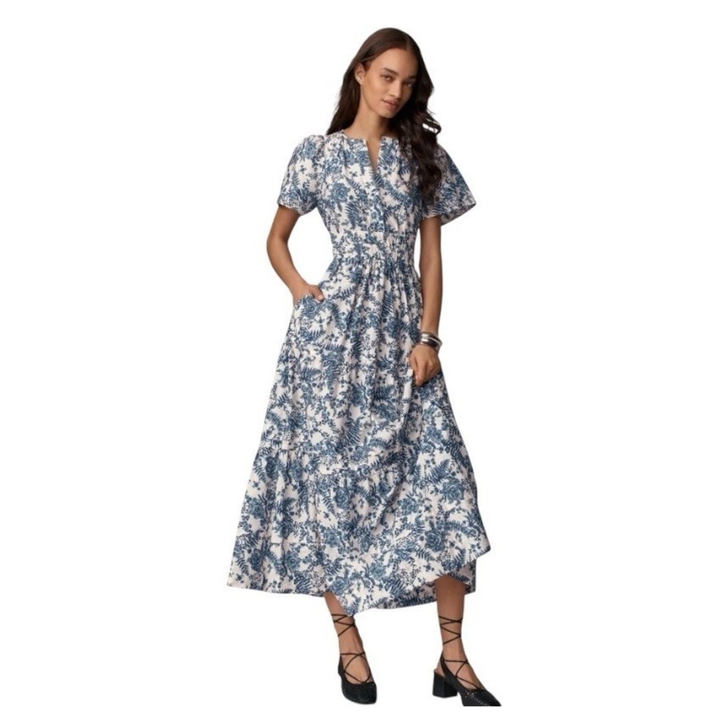 Anthropologie Somerset Floral Maxi Dress Tiered Womens XS Blue White